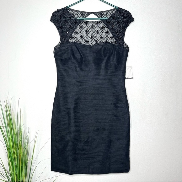 NWOT ML Monique Lhuillier Black Tulle Cocktail Dress Illusion Beaded Neckline - Picture 1 of 6
